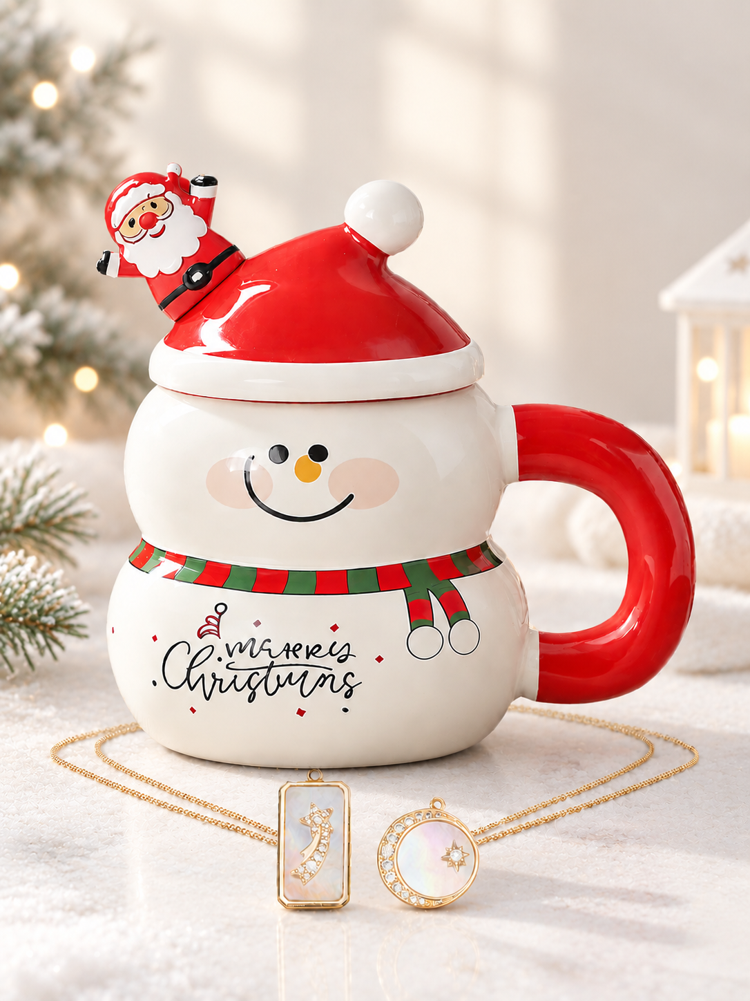 Santa Snowman Mug Candle - Mother of Pearl Necklace Collection